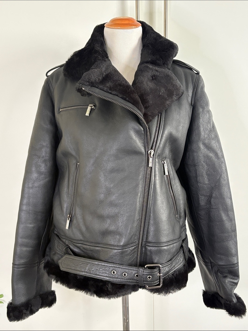 Saint + Sofia Black Double Faceted Sheepskin Biker Jacket - Women's L